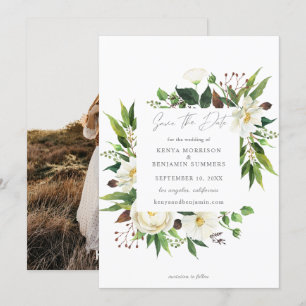 White Floral & Greenery Save the Date Photo Invitation