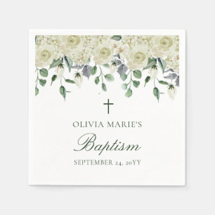 White Floral Greenery Simple Modern Baptism  Napkin