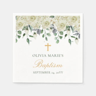 White Floral Greenery Simple Modern Baptism Napkin