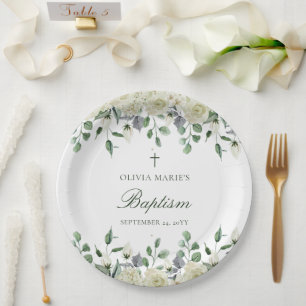 White Floral Greenery Simple Modern Baptism Paper Plate
