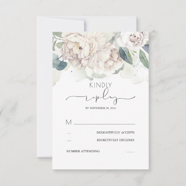 White Floral Greenery Splashes Wedding RSVP Card (Front)