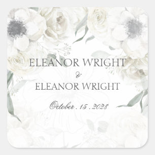 White Floral Greenery Square Wedding Favour Sticke Sticker