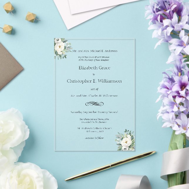 White Floral Greenery Traditional Formal Wedding Acrylic Invitations (Insitu (Wedding))