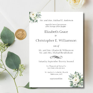 White Floral Greenery Traditional Formal Wedding Invitation