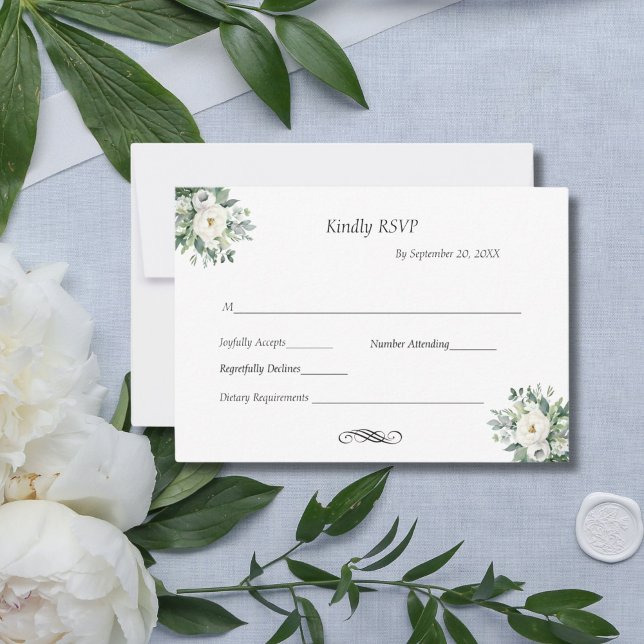 White Floral Greenery Traditional Formal Wedding RSVP Card (White Watercolor Floral Greenery  Wedding RSVP card with dietary requirements)