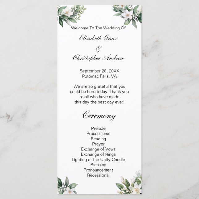 White Floral Greenery Traditional Wedding Program (Front)