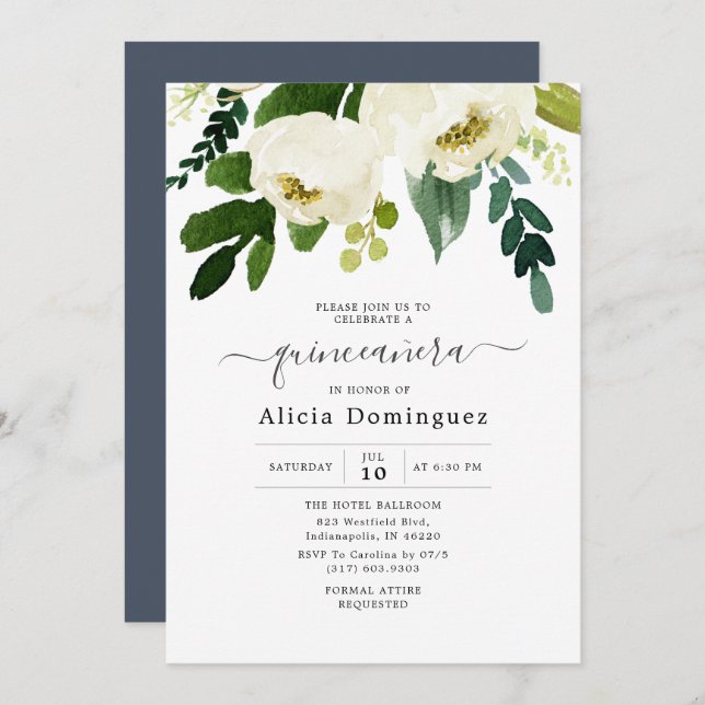 White Floral & Greenery Watercolor Quinceañera Invitation (Front/Back)