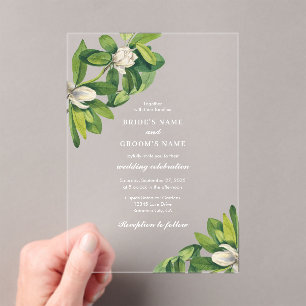 White Floral & Greenery Watercolor Wedding Acrylic Invitations