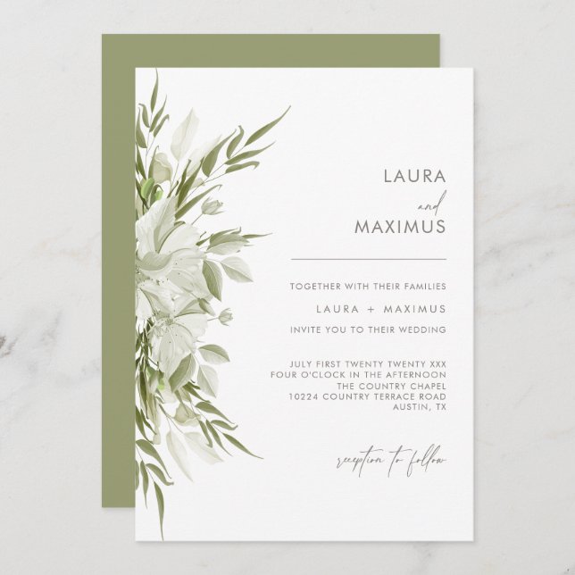 White Floral Greenery Wedding Invitation (Front/Back)