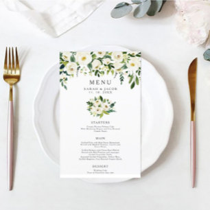White Floral Greenery Wedding Menu
