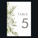 White Floral Greenery Wedding Table Number<br><div class="desc">This elegant wedding theme features a blooming arrangement of white flowers and greenery on a crisp white linen background. Using sans serif typography and subtle hints of handwritten calligraphy,  this design is both modern and classic.</div>