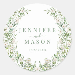 White floral greenery wreath bohemian wedding classic round sticker