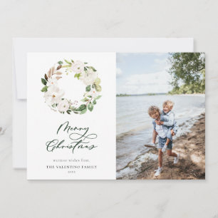 White Floral Greenery Wreath Christmas Photo Holiday Card