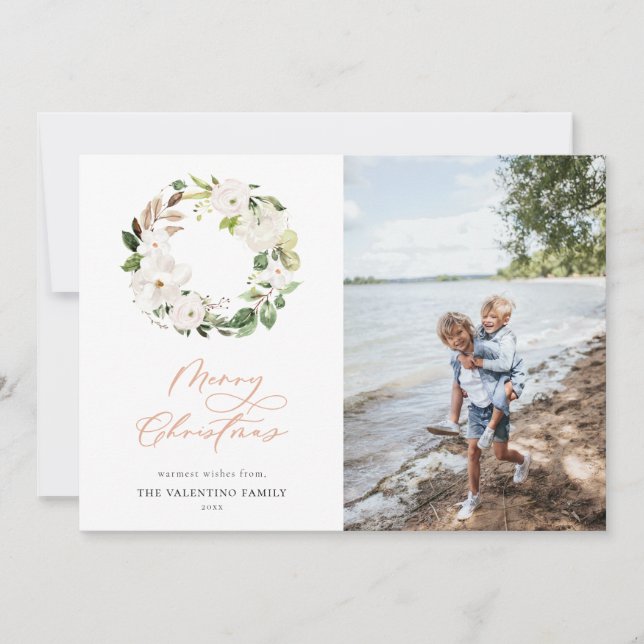 White Floral Greenery Wreath Christmas Photo Holiday Card (Front)