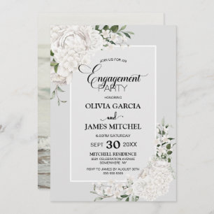 White Floral Grey Custom Photo Engagement Party Invitation