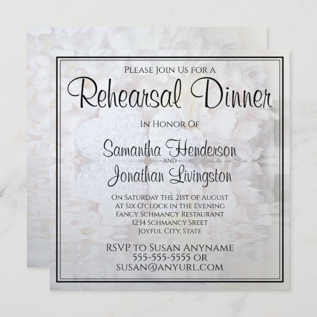 White Floral Hearts Waves Wedding Rehearsal Dinner Invitation (Front/Back)