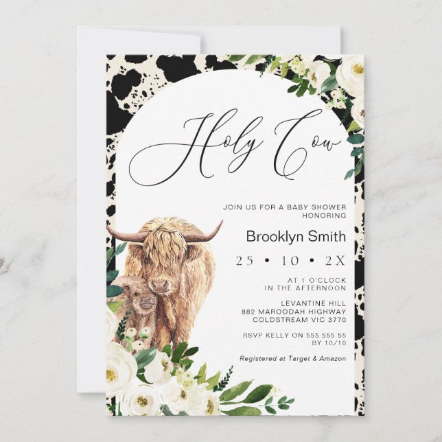 White Floral Highland Cow Baby Shower  Invitation (Front)