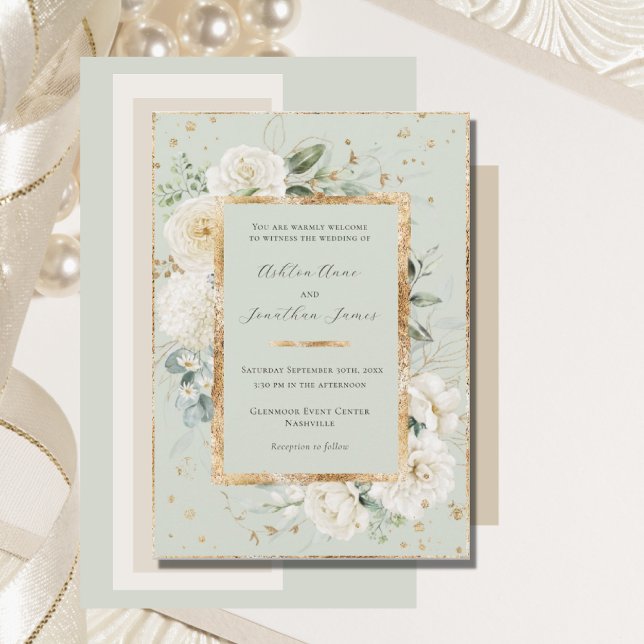 White Floral Hydrangea Roses Gold Green Wedding Invitation (Creator Uploaded)