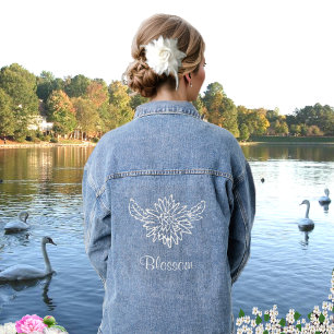 White Floral Image & Blossom Text Denim Jacket