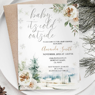 White Floral It's Cold Outside Baby Shower Invita Invitation