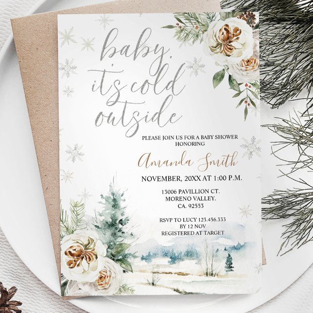 White Floral It's Cold Outside Baby Shower Invita Invitation (Creator Uploaded)