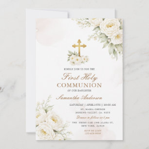 White Floral Ivory First Holy Communion  Invitation
