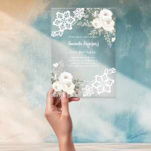 White floral lace birthday acrylic invitations