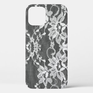White floral lace: black background. iPhone 12 case