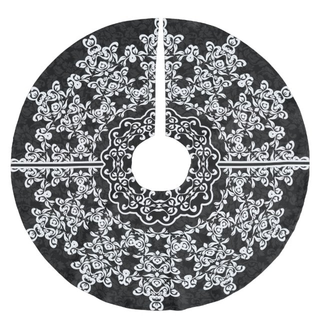 White Floral Lace Black Damasks Brushed Polyester Tree Skirt (Front)