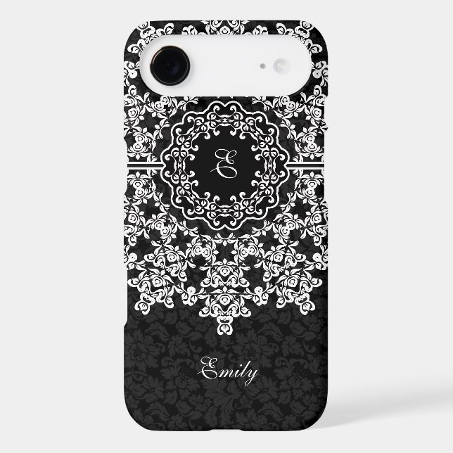 White Floral Lace Black Damasks Monogramed Case-Mate iPhone Case (Back)