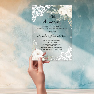 White floral lace diamond 60th wedding anniversary acrylic invitations