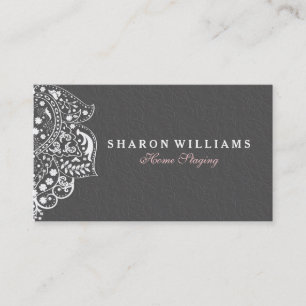White Floral Lace On Grey Floral Damasks Business Card