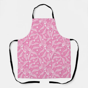 White floral lace on pink background apron