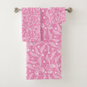 White floral lace on pink background bath towel set