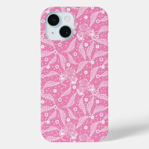 White floral lace on pink background iPhone 15 case