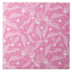 White floral lace on pink background ceramic tile