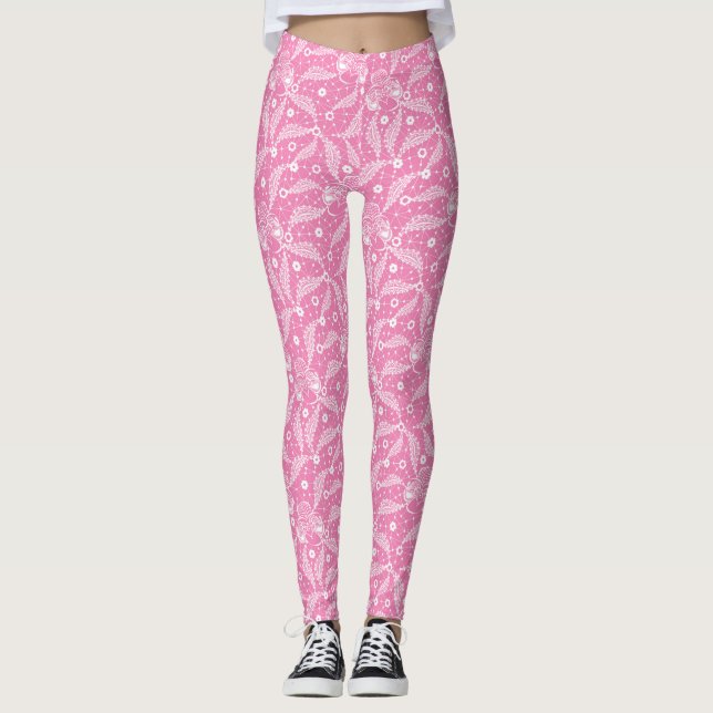 White floral lace on pink background  leggings (Front)