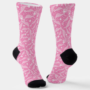 White floral lace on pink background  socks
