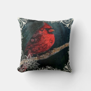 White floral lace Primitive Christmas Red Cardinal Cushion