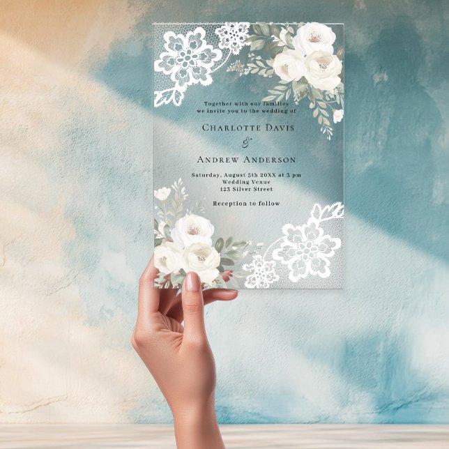 White floral lace wedding acrylic invitations (Creator Uploaded)