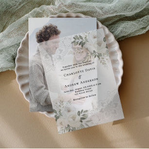 White floral lace wedding vellum invitations