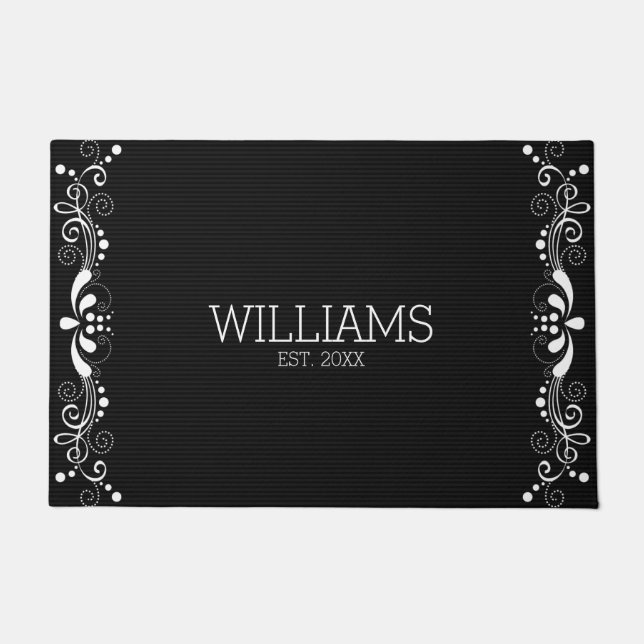 White Floral Lace With Black Texture Background Doormat (Front)