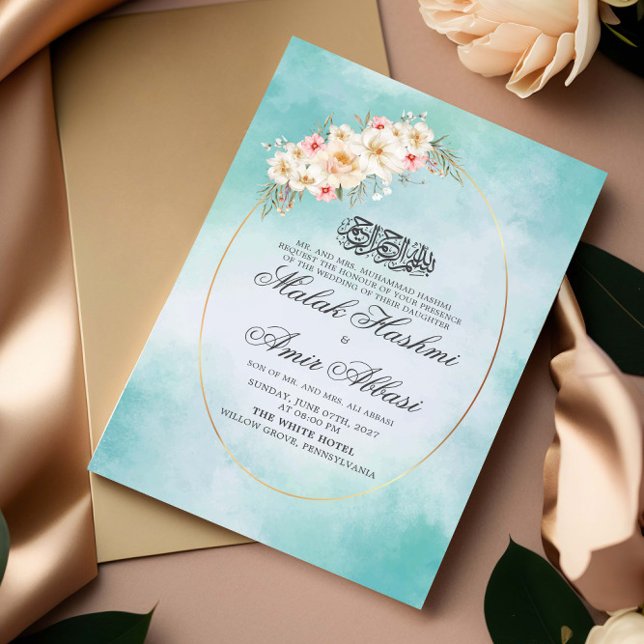 White Floral & light Green Islamic Muslim Wedding Invitation (Creator Uploaded)