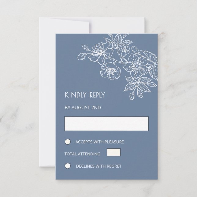 White Floral Line Art Dusty Blue Wedding RSVP Card (Front)