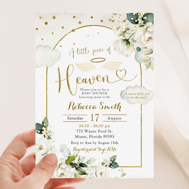 White Floral Little Piece of Heaven Baby Shower Invitation (Creator Uploaded)