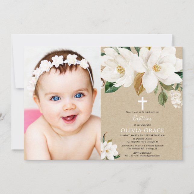 White floral magnolia gender neutral baptism photo invitation (Front)