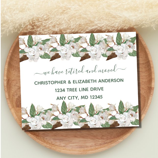 White Floral Magnolias Script Moving Retirement Announcement Postcard (White Magnolias Floral We Have Moved Post Card)