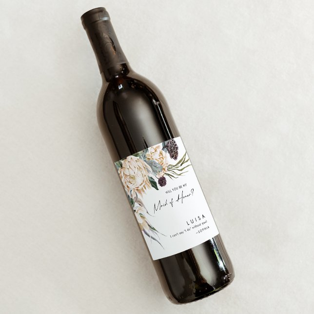 White Floral Maid Of Honour Proposal Wine Label (Creator Uploaded)