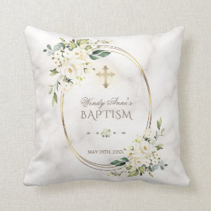 White Floral Marble Gold Cross Baptism Monogram Cushion