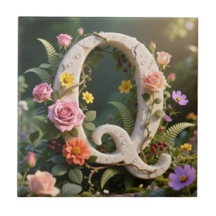 White Floral Marble Monogram Letter Q Ceramic Tile